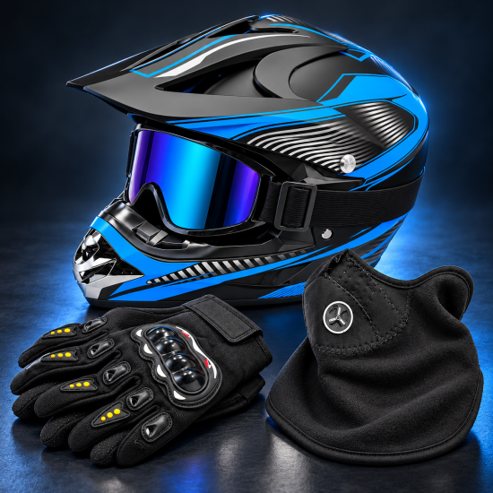 Motocross Helmet Set with Goggles, Gloves & Face Mask – 4-Piece Riding Gear Kit (Black & Blue) image