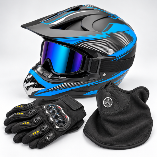 Motocross Helmet Set with Goggles, Gloves & Face Mask – 4-Piece Riding Gear Kit (Black & Blue) image