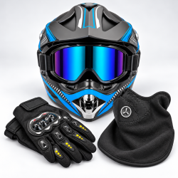 Motocross Helmet Set with Goggles, Gloves & Face Mask – 4-Piece Riding Gear Kit (Black & Blue)