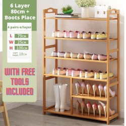 Bamboo Shoe Rack 6 Layer 80cm with Boots Place