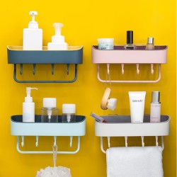 Wall Mount No Drilling Bathroom Shelf with Towel Bar and Hooks, Kitchen Storage Basket Wall Mount No Drilling Bathroom Shelf with Towel Bar and Hooks, Kitchen Storage Basket