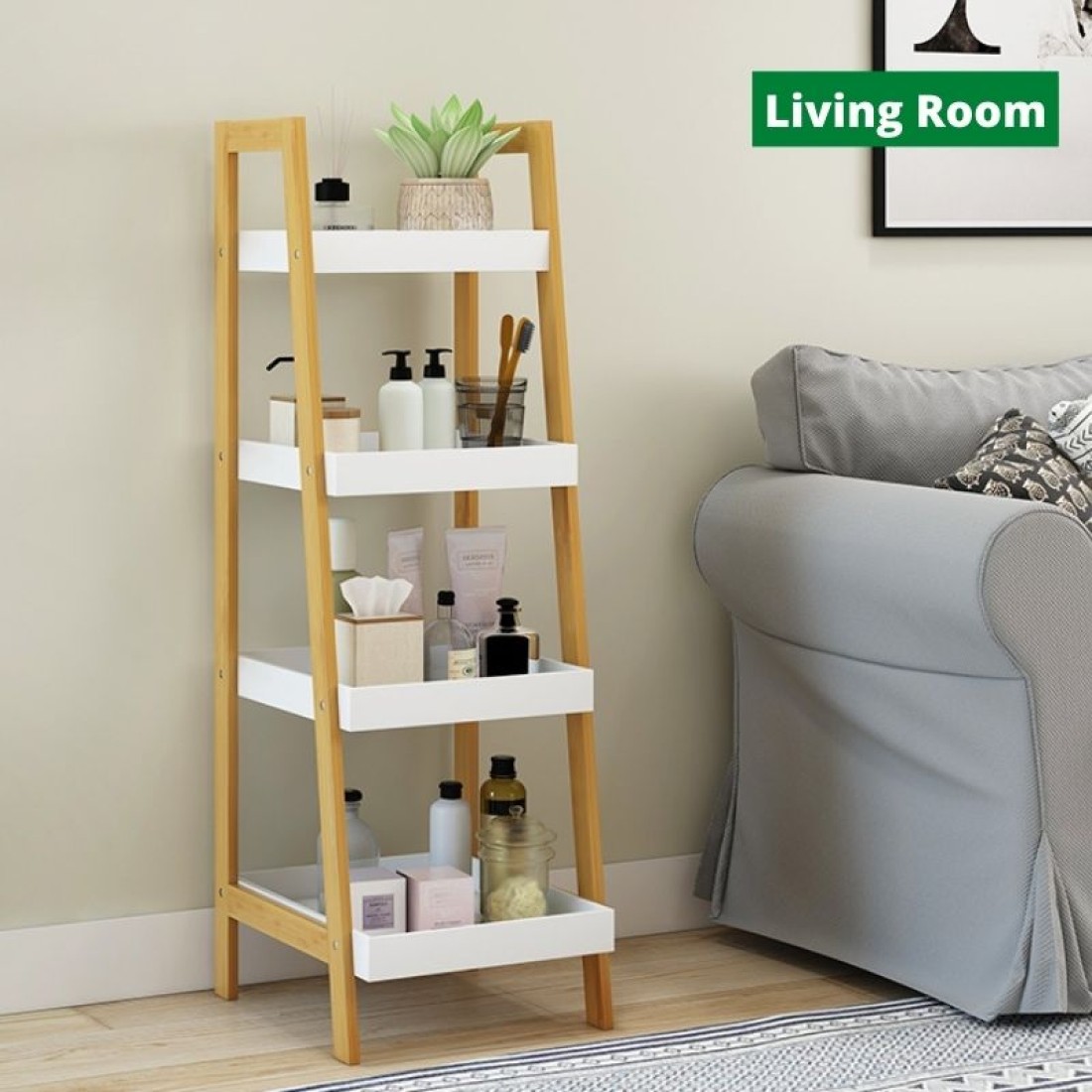 White Colour Rack Bamboo 4 Layers Home Storage Rack, Wood & White Colour Design