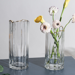 Irregular Top Cylinder Glass Flower Vase in Gray with Golden Lining