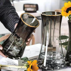 Smooth Glass Flower Vase with Golden Lining Gray Colour