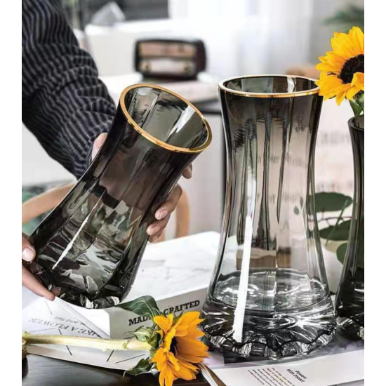 Smooth Glass Flower Vase with Golden Lining Gray Colour image