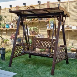 Solid Wood Outdoor Garden 2 Seats Swing Chair with Canopy, cushion and side plate